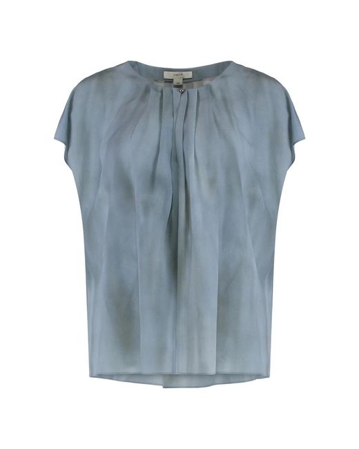 Vince Blue Washed Ombré Seidenbluse Mit Raffungen Und Kappärmeln