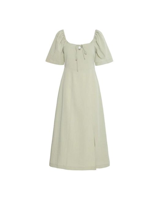 Ichi Kleedjes ,Groen ,Feminine Thee Jurk Met Pofmouwen in het Green