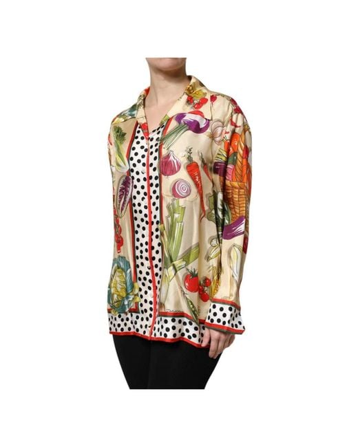 Dolce & Gabbana Multicolor Buntes Gemüse Seiden Langarm Top