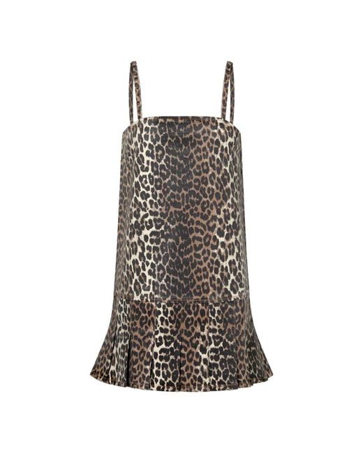 Ganni Brown Leopard foil print denim strap kleid