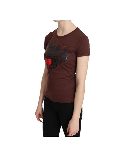 Exte Tops ,Bruin ,Katoen Bruin Hartenprint Korte Mouw Top in het Red