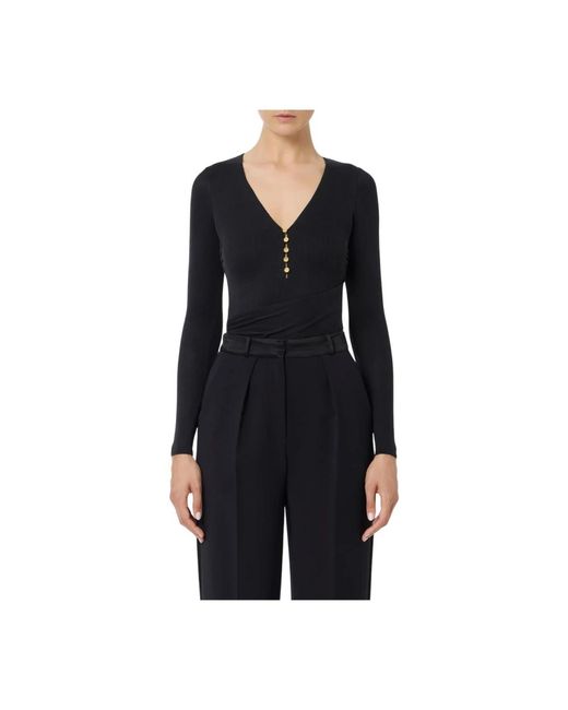 Elisabetta Franchi Black Geripptes Cupro-Top Mit Knöpfen