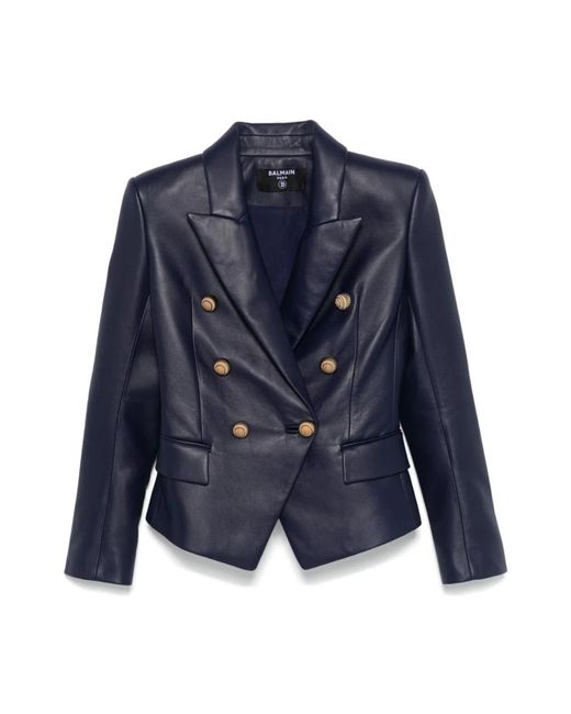 Giacca blu doppiopetto in pelle di agnello di Balmain in Blue