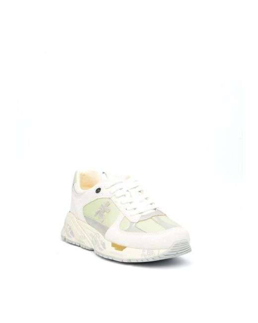 Premiata White Graue wildleder-sneakers mit grünen details