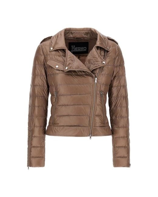 Herno Brown Taupe Biker Down Jacket Mit Reverskragen