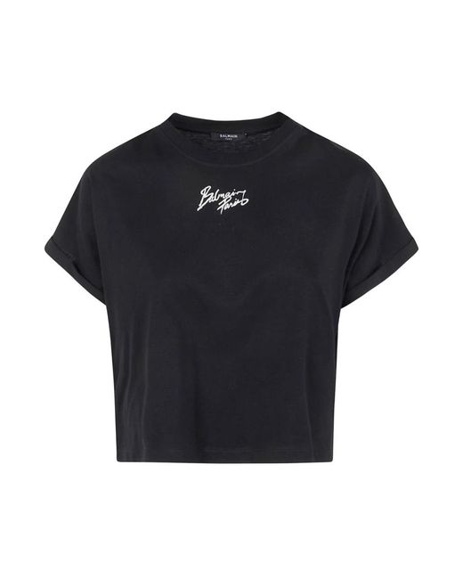 Balmain Tops ,Zwart ,Katoen Cropped T-Shirt Met Paris Print in het Black