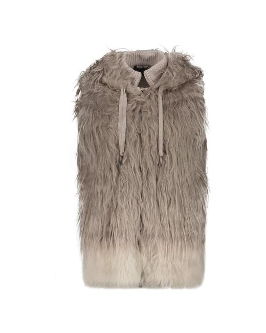 Lorena Antoniazzi Jassen ,Grijs ,Polyester Alpaca Fur Vest Met Geribbelde Kraag in het Brown