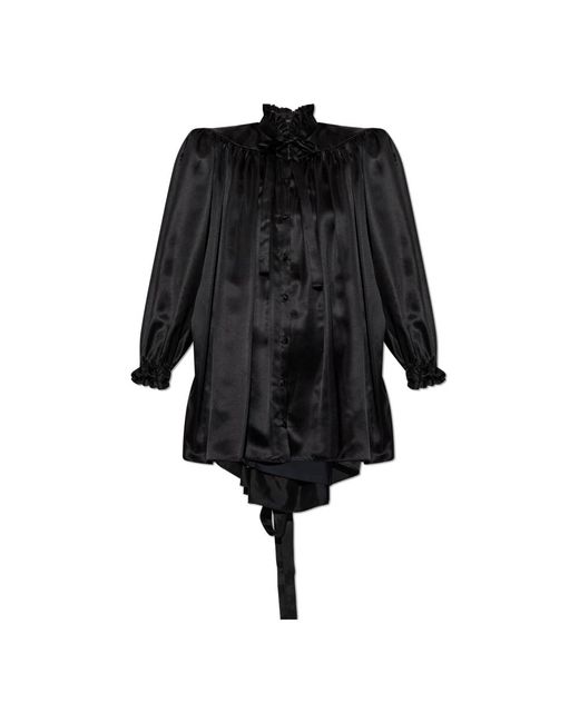 Balenciaga Overhemden ,Zwart ,Leer Zijden Shirt Met Decoratieve Strik Bij De Halslijn in het Black
