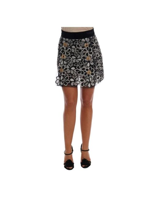 Dolce & Gabbana Black Blumen spitzenrock mit goldfarbenen kristalldetails