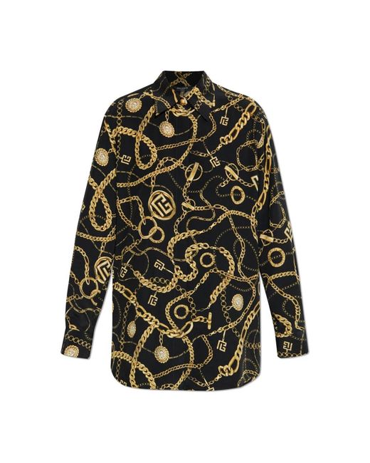 Balmain Overhemden ,Zwart ,Leer Zijden Shirt Met Print in het Green