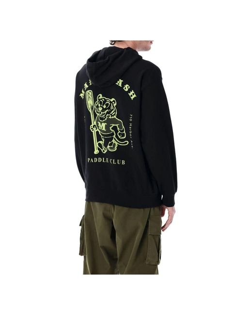 Manastash Schwarzer Strickpullover Kapuzenpullover Grafikdruck Kängurutasche in Black für Herren