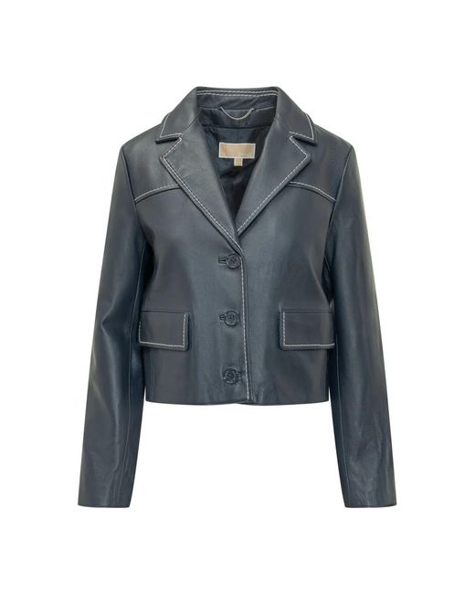 Michael Kors Jassen ,Blauw ,Leer Contrast-Trim Leather Cropped Blazer in het Blue
