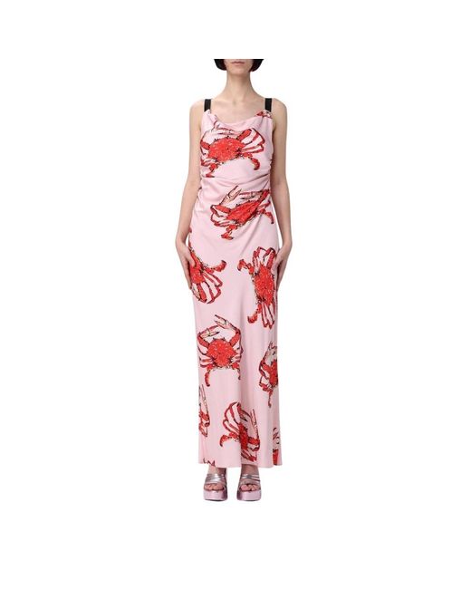MSGM Kleedjes ,Roze ,Roze Zijden Maxi Jurk Met Krab Print in het Red