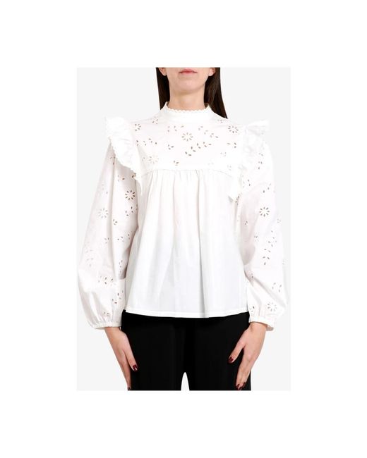 Weekend by Maxmara Overhemden ,Wit ,Katoen Katoenen Geborduurde Blouse Met Ruches in het White