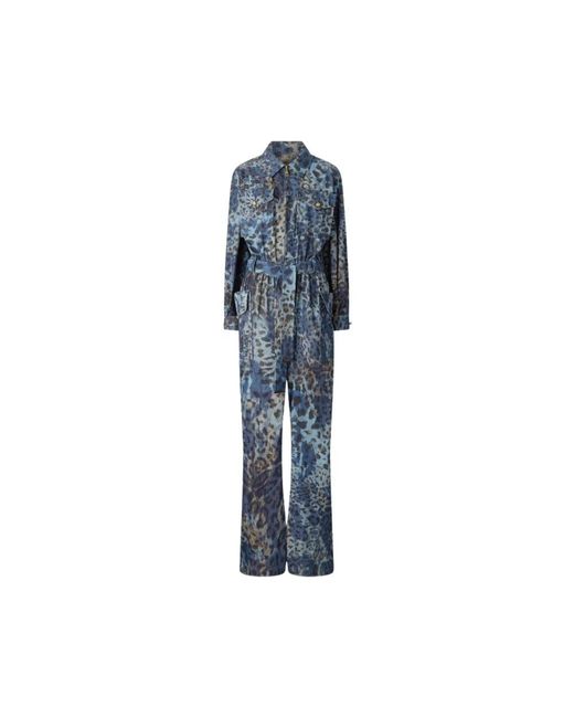 Roberto Cavalli Jumpsuits & Playsuits ,Blauw ,Katoen Luipaardprint Katoenen Jumpsuit in het Blue