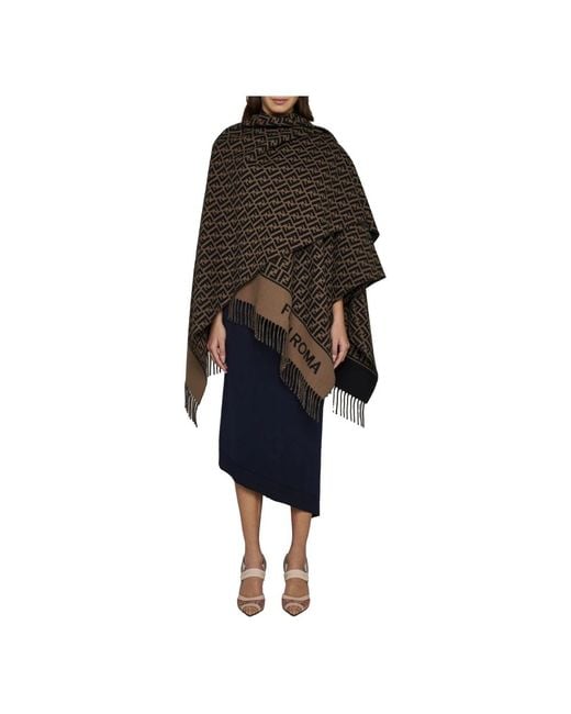 Fendi Jassen ,Bruin ,Wol Jacquard Wol Kasjmier Poncho Franjes in het Brown