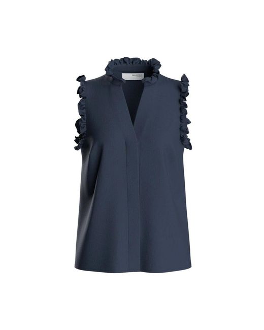 SELECTED Tops ,Blauw ,Linnen Ruffle Top Met V-Hals in het Blue