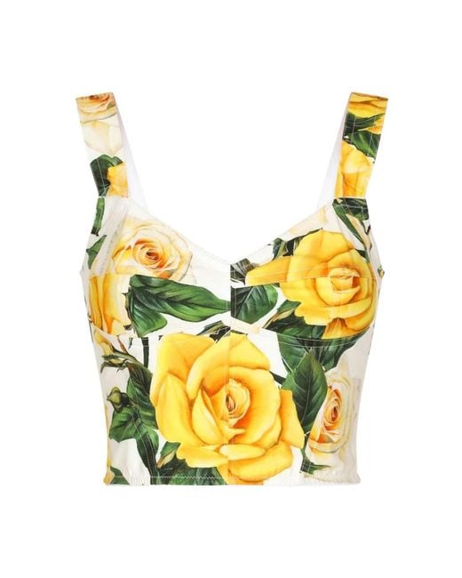 Cotton corset top with yellow rose print Dolce & Gabbana
