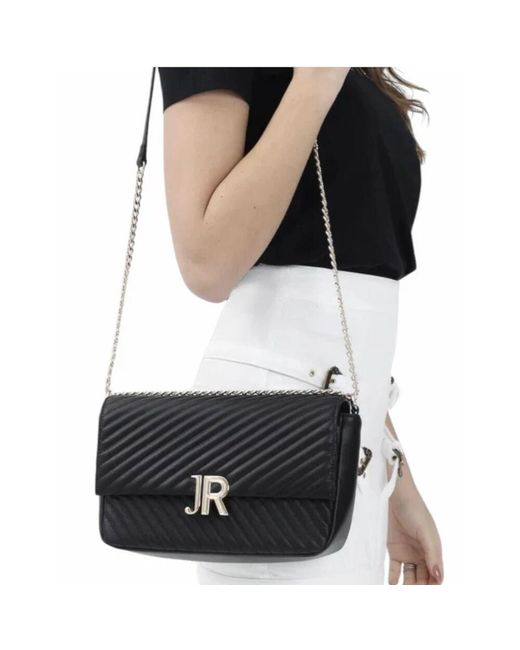 John Richmond Black Schwarze Lederschultertasche Mit Silbernen Logo-Initialen