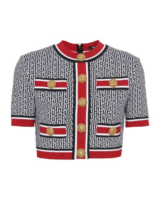 Balmain Jacquard Monogram Crop Top in het Red