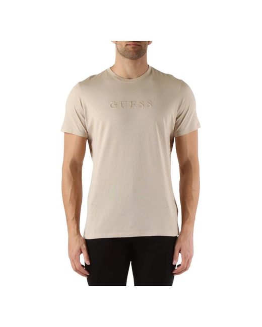 T-shirt slim fit in cotone con ricamo logo frontale di Guess in Natural da Uomo