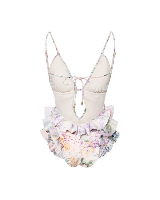 Zimmermann Floral Print Ruffled Plunge Badpak in het Multicolor