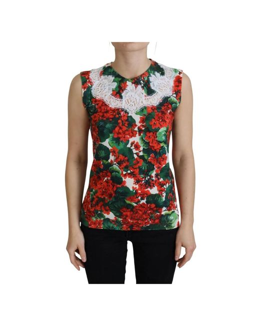 Dolce & Gabbana Overhemd Mouwloze Top Met Bloemenprint Tsh8079 in het Red