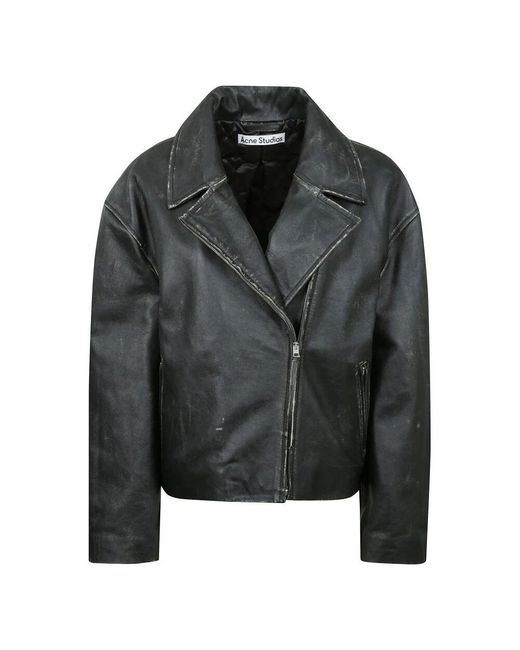 Acne Black Lederjacke Mit Asymmetrischem Reißverschluss