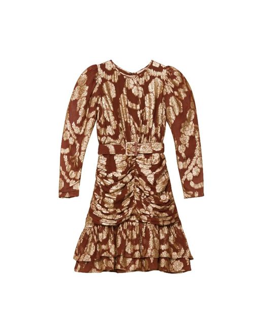 byTiMo Kleedjes ,Veelkleurig ,Gouden Brocade Georgette Mini Jurk in het Brown
