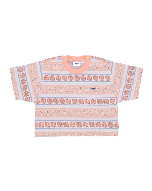 Obey Tops ,Veelkleurig ,Katoen Gestreepte Crop Tee Perzik Zand Multi in het Pink