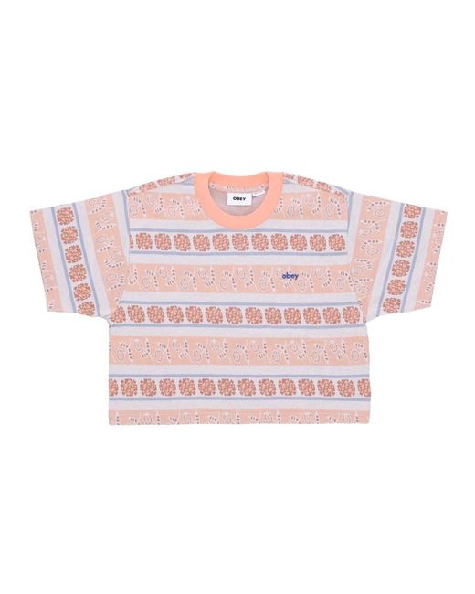 Obey Tops ,Veelkleurig ,Katoen Gestreepte Crop Tee Perzik Zand Multi in het Pink
