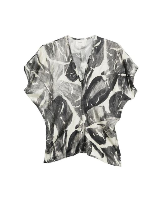 Alysi Overhemden ,Zwart ,V-Hals Zijden Blouse Met Korte Mouwen in het Gray
