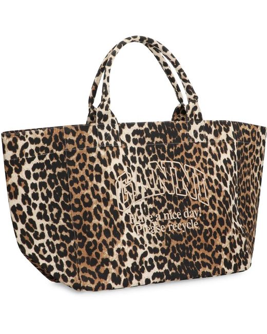 Ganni Black Tiermuster canvas tote tasche
