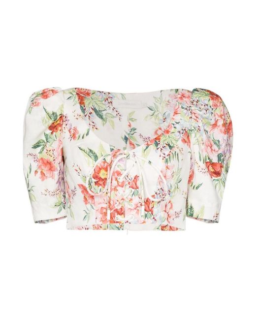 Zimmermann Overhemden ,Veelkleurig ,Linnen Linnen Top Met Bloemenprint, Pofmouwen En Korset in het Pink