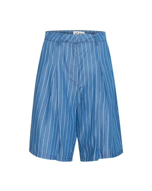 Ichi Korte Broeken ,Blauw ,Blauwe Pinstripe Wijde Shorts in het Blue
