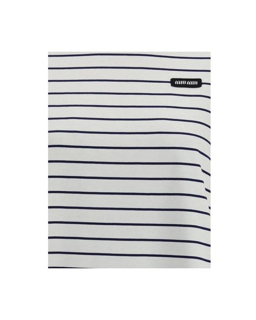 Miu Miu Gray Gestreiftes Baumwoll-T-Shirt Mit Logopatch