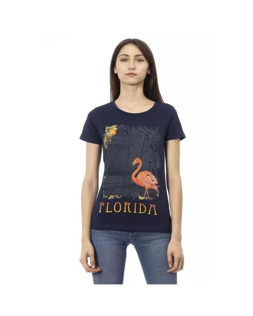 T-shirt in cotone blu a maniche corte con stampa frontale di Trussardi in Blue