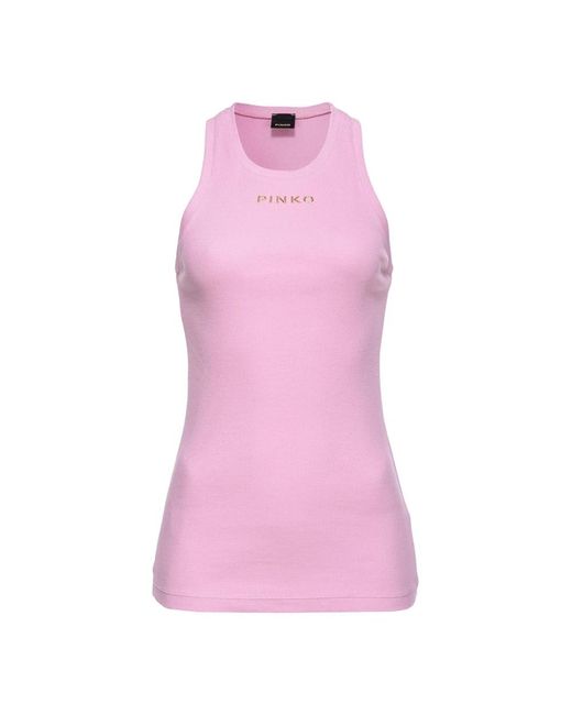 Camiseta de algodón a rayas con logo Pinko de color Pink