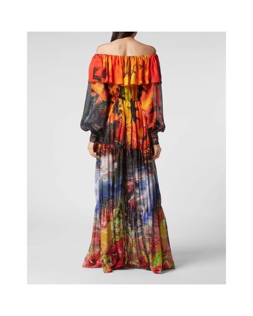 Philipp Plein Kleedjes ,Veelkleurig ,Long Dress Hawaii in het Orange