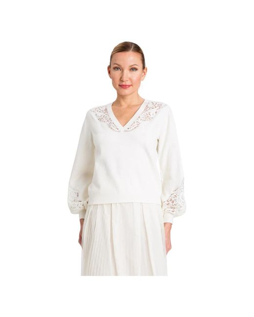 Twinset White Eleganter V-Ausschnitt Spitzenpullover