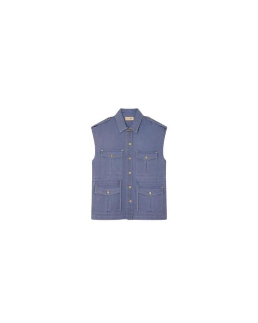 Sessun Jassen ,Blauw ,Denim Denim Worker Mouwloos Jack in het Blue
