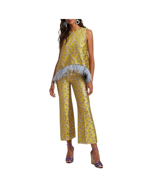 LaDoubleJ Broeken ,Geel ,Katoen Floral Brocade Wijde Broek in het Yellow