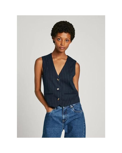 Pepe Jeans Jassen ,Blauw ,Diana Vest Met V-Hals En Gestreepte Print in het Blue