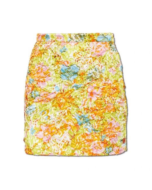 Versace Gedrukte Zijden Duchesse Minirok in het Yellow