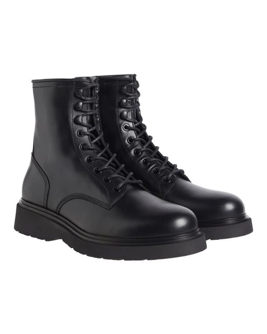 Calvin Klein Black Smooth Leather Rugged Sole Lace-Up Ankle Boots for men