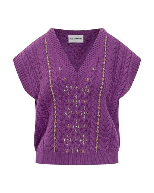 Des Phemmes Truien & Vesten ,Roze ,Lila Kabelgebreide Juweelvest in het Purple