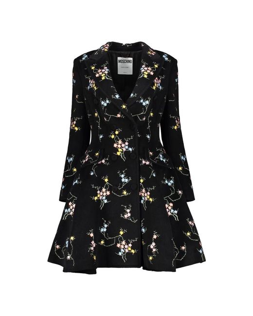 Moschino Black Blumenbestickter Zweireihiger Mantel