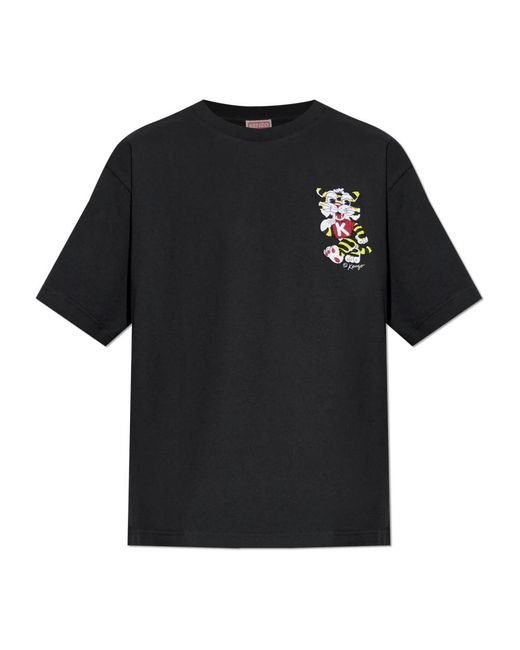 KENZO Tops ,Zwart ,Katoen Wild Tiger Geborduurd Oversized T-Shirt in het Black voor heren