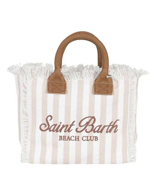 Mc2 Saint Barth White Gestreifte Kleine Canvas-Tasche Mit Fransigen Kanten