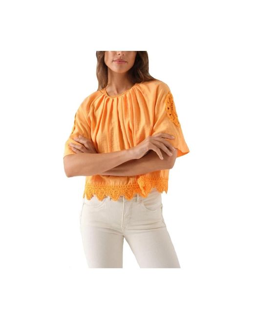 Salsa Jeans Overhemden ,Oranje ,Oranje Geborduurde Blouse Met Korte Mouwen in het Orange